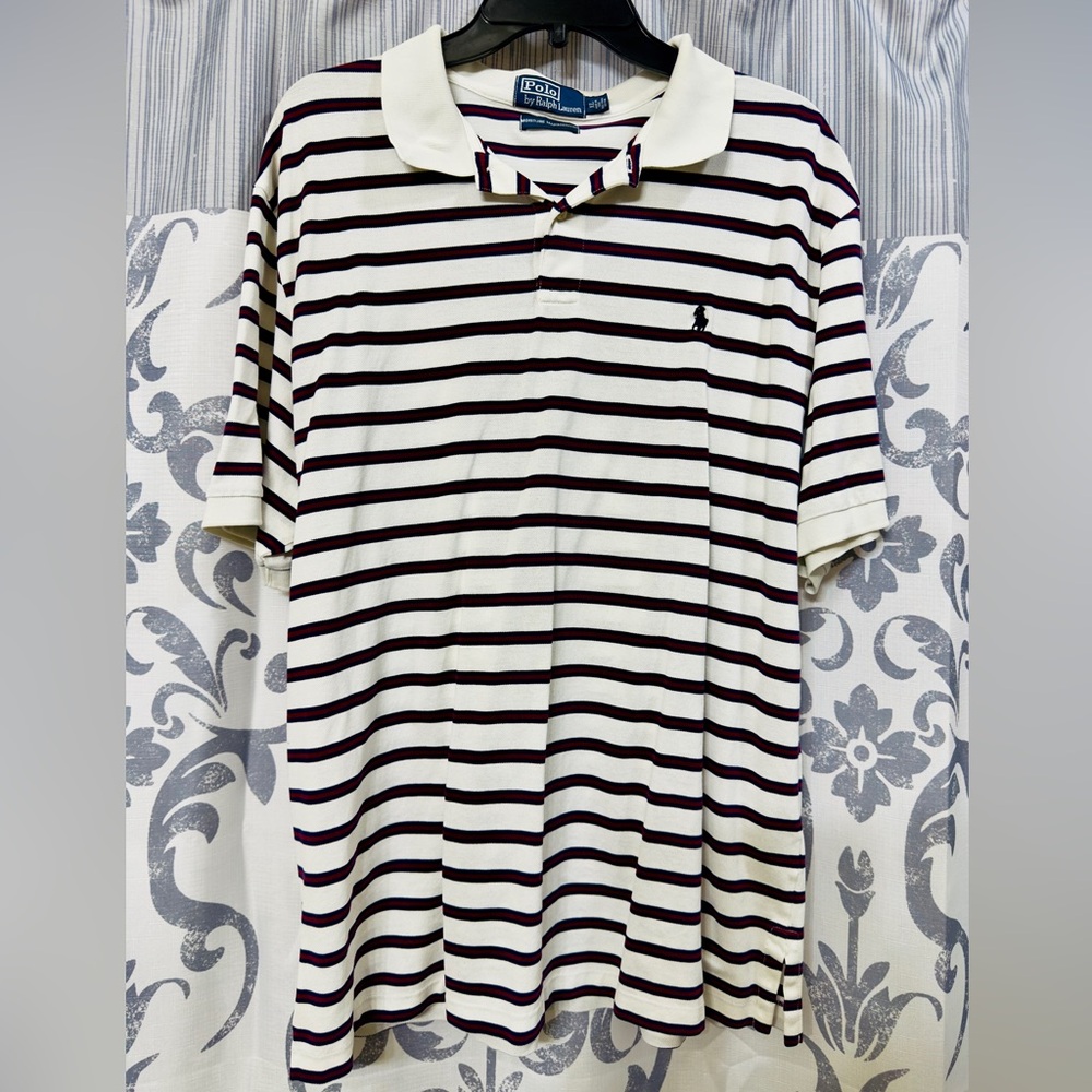 EUC Polo Ralph Lauren Men's Polo Shirt - White, Red and Black Stripes Size XL